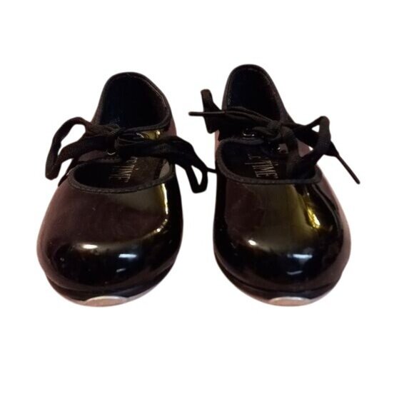 Dance Time 9 Kids Black Patent Leather Tap Shoes Laces - Picture 2 of 9
